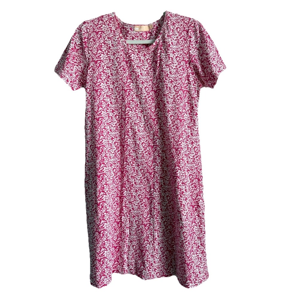 La Cera Pink Botanical Floral Knit Cottagecore T-Shirt Dress‎ w/Pockets Size S